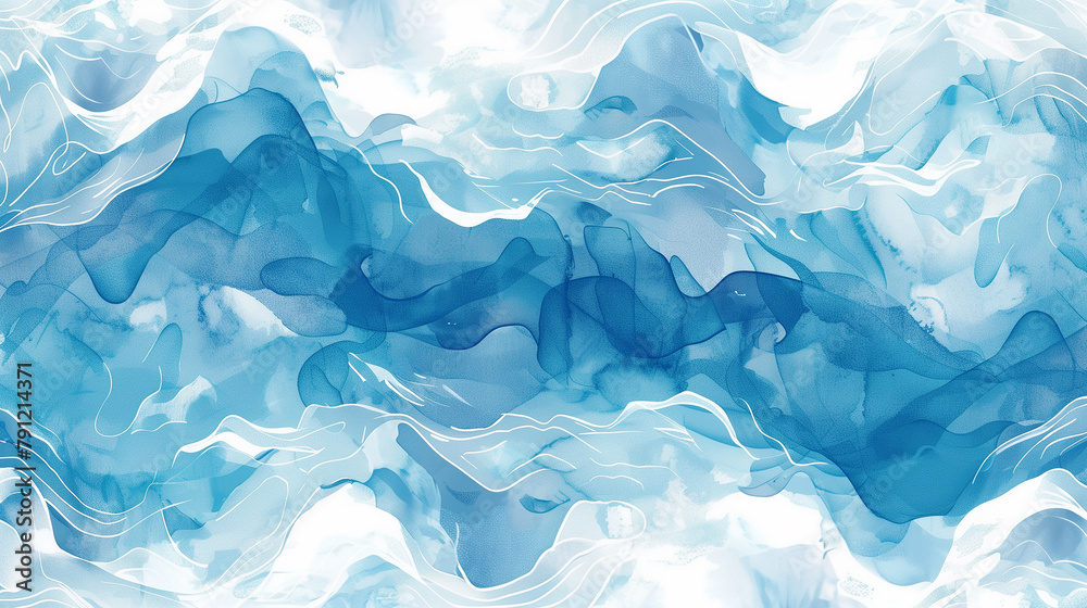 Obraz premium The water is blue and has a wavy texture. The waves are crashing against the shore. The sky is clear and the sun is shining. The water is calm and peaceful