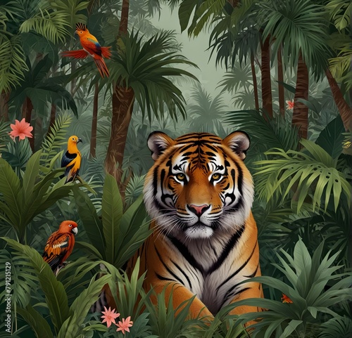  Jungle tropical  illustration with floral background.   