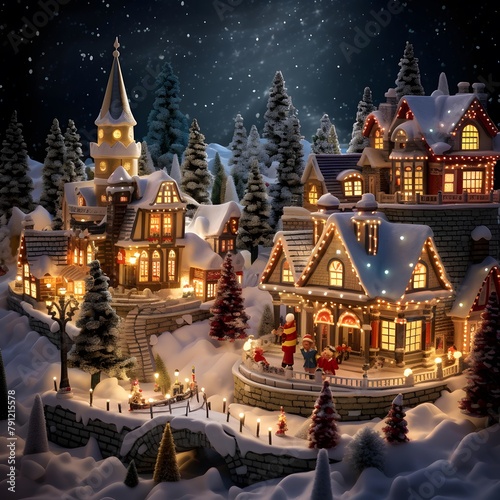 Christmas village in the snow on a background of the starry sky