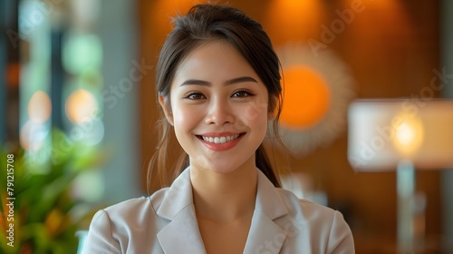 The receptionist stood with a sincere, confident smile in front of the hotel. It is the first thing that creates an impression on guests staying at this hotel which is the first basis of service work.