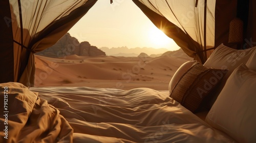 Waking up to the warm sunlight and golden sand dunes outside their Bedouin tent guests cant help but feel connected to the natural beauty surrounding them. 2d flat cartoon.