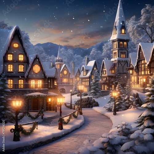 Winter village at night with snow and christmas lights. Digital painting.