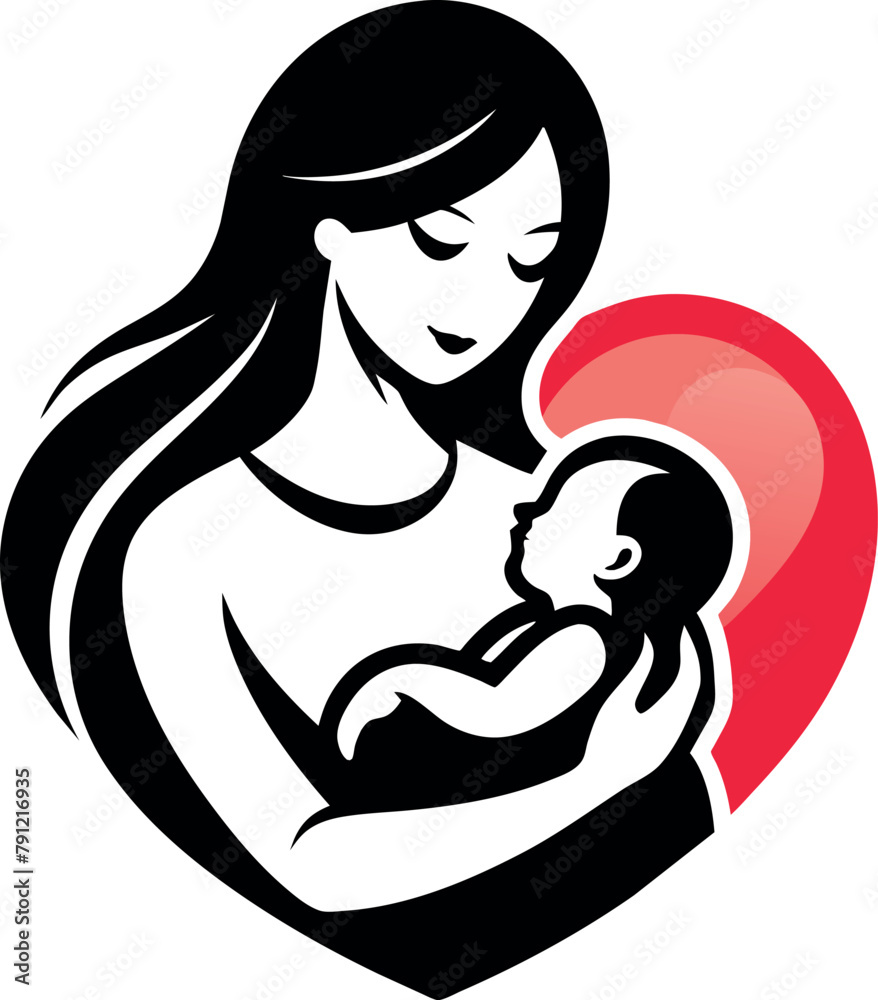 woman holding a baby in her arms with a heart in her hand, logo vector art woman holding a baby in her arms with a heart in her hand, logo vector art