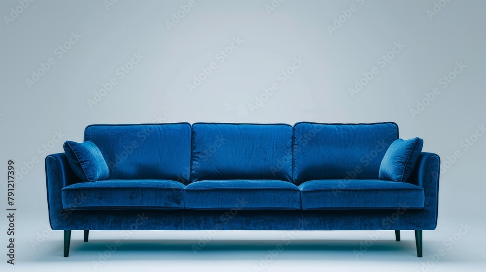 Fototapeta premium A three-seat couch in vibrant blue velvet, perfect union of luxury and modern design, isolated on a minimalist background