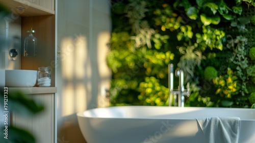A bathroom with a living plant wall adding a touch of nature to a typically sterile space. . photo