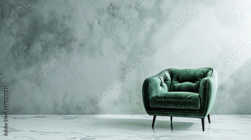 A plush, green velvet upholstery armchair, epitomizing modern luxury, set against a clean isolated backdrop photo