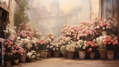 Artistically faded photograph of a flower market with bouquets of peonies and daisies, reminiscent of early 20thcentury street scenes