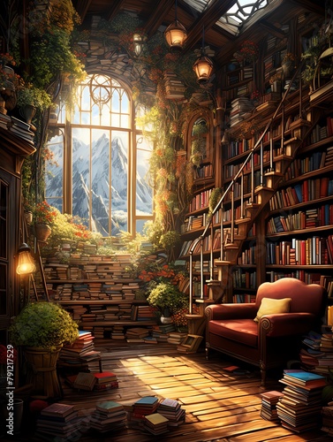 Bookworms paradise scene featuring a home library with floortoceiling bookshelves filled with diverse titles, inviting and wellorganized © Suritong
