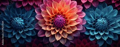 Closeup of a luxurious flower garden, digitally altered to emphasize geometric symmetry in the arrangement of petals and leaves, showcasing natures precision photo