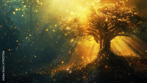 A beautiful tree of life with golden light ray. Generate AI image
