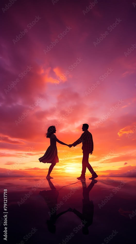 Silhouette of two friends holding hands against a sunset, vibrant skies in the background, illustrating support and friendship