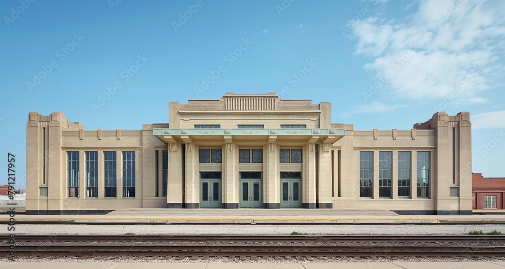 Art Deco train depot with symmetrical facade and polished stone exterior
