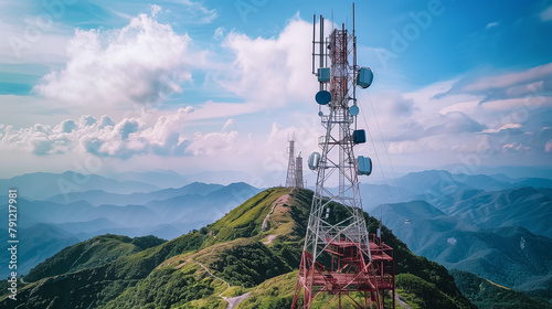 A tall tower with a red and white stripe on it is on top of a hill. The sky is blue and there are clouds in the background. Concept of height and power, as well as a connection to nature photo