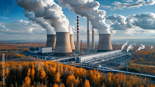 Impact of Pollution from Nuclear Power Plant with Smokestacks and Gas Pipelines. Concept Environmental Pollution, Nuclear Power Plants, Air Contamination, Gas Pipelines, Impact Assessment, photo