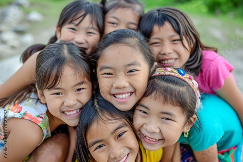 Group of asian little girls smiling and looking at the camera.