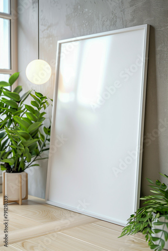 A white framed picture sits on a wooden table next to a potted plant