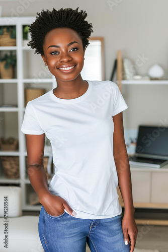 A woman with a white shirt and blue jeans is smiling and posing for a picture