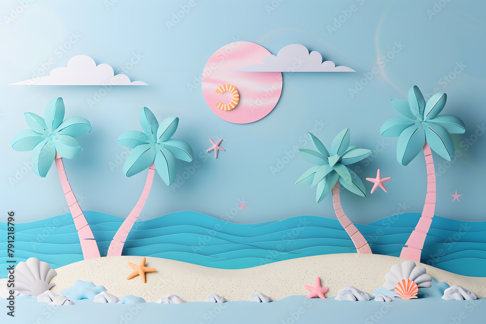 Beach landscape illustration. Origami cutout paper style