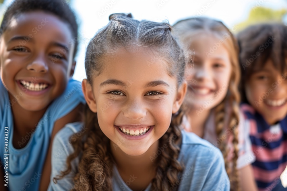 Close-up portrait of a smiling schoolgirl with her friends in the background Close-up portrait of a smiling schoolgirl with her friends in the background