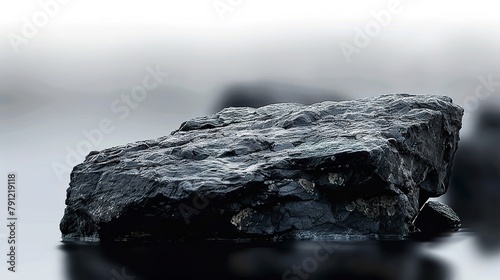 Close-up of a black rock with water edge in black color tones with blurred background. Black rock in water with blurred depth of field.