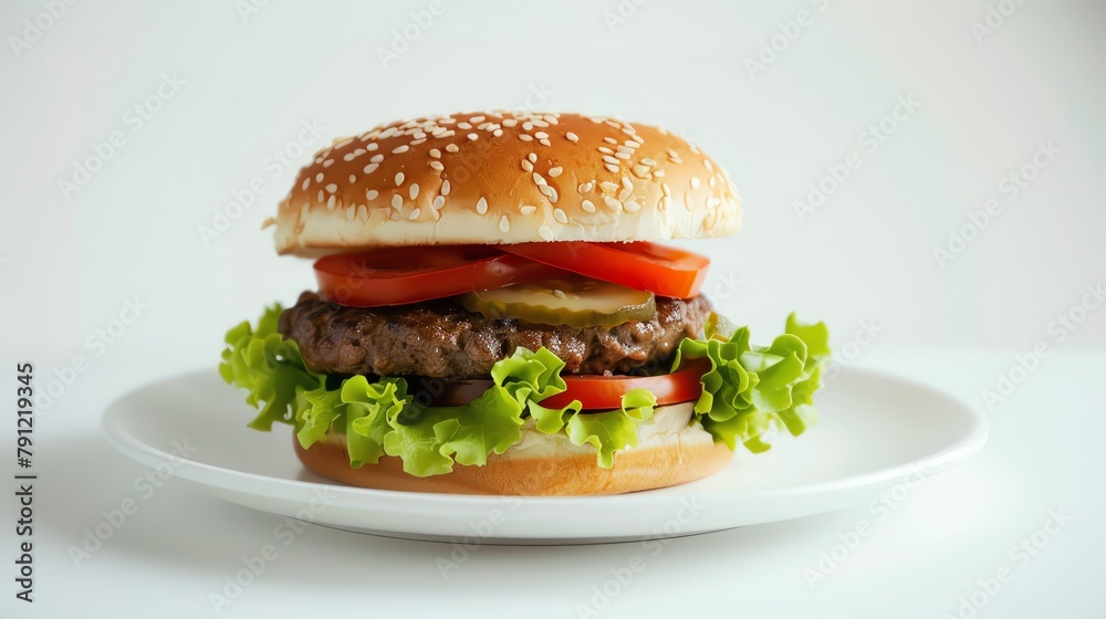 A minimalist yet striking image of a hamburger with emphasis on the texture of the meat and the freshness of the salad toppings, presented on a sleek white plate The stark white background enhances th A minimalist yet striking image of a hamburger with emphasis on the texture of the meat and the freshness of the salad toppings, presented on a sleek white plate The stark white background enhances th