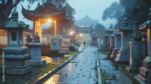 Randomly arranged traditional Chinese graves under soft lighting, showcased in stunning 4K clarity, with a perfectly noiseless background, photo
