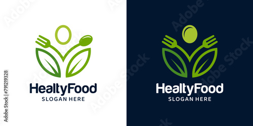 Healthy food logo design template. Spoon fork with natural leaves for Organic food logo design graphic vector illustration. Symbol, icon, creative.