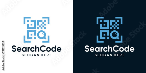 Search barcode logo design template. QR code with magnifying glass logo design graphic vector illustration. Symbol, icon, creative.
