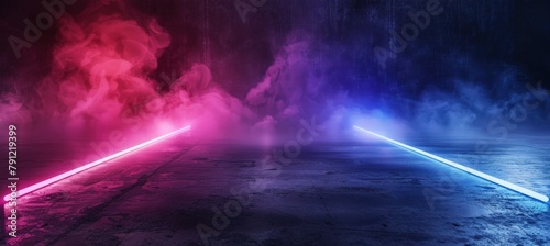Abstract empty dark background with fog and neon light. Generate AI image