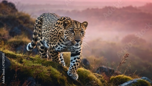 Leopard standing on a rock Misty fog forest beautiful landscape in the mountains.  photo