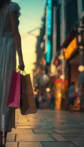 Close up of hand which holded shopping bags by young woman. Girl is standing and hold lot of colorful shopping bags in her hand and waiting for her friends. Holiday shopping concept.