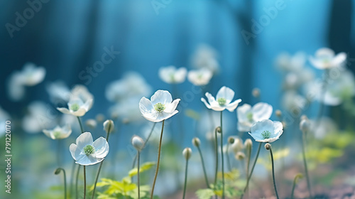 Spring forest white white flowers anemones on blue background in nature. Beautiful blue bokeh.