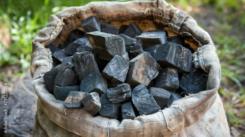 Black charcoal in a bag. photo