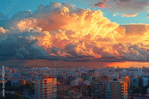Majestic view of cumulus clouds floating over city at orange sundown in evening in Madrid