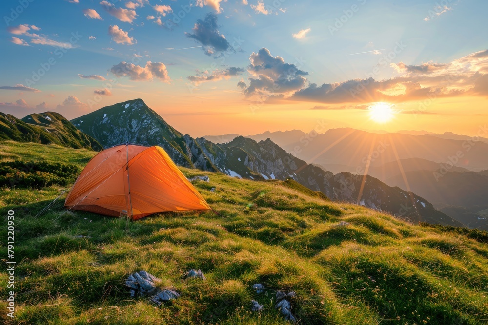Beautiful sunrise over the mountains with orange tents. Generate AI image