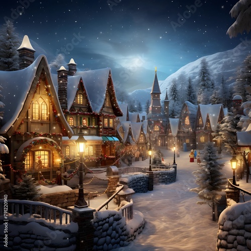 Winter village at night. Christmas and New Year concept. 3D illustration