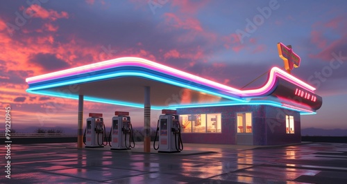 Classic Art Deco fuel station with streamlined pumps, mosaic roof, and vibrant neon lights