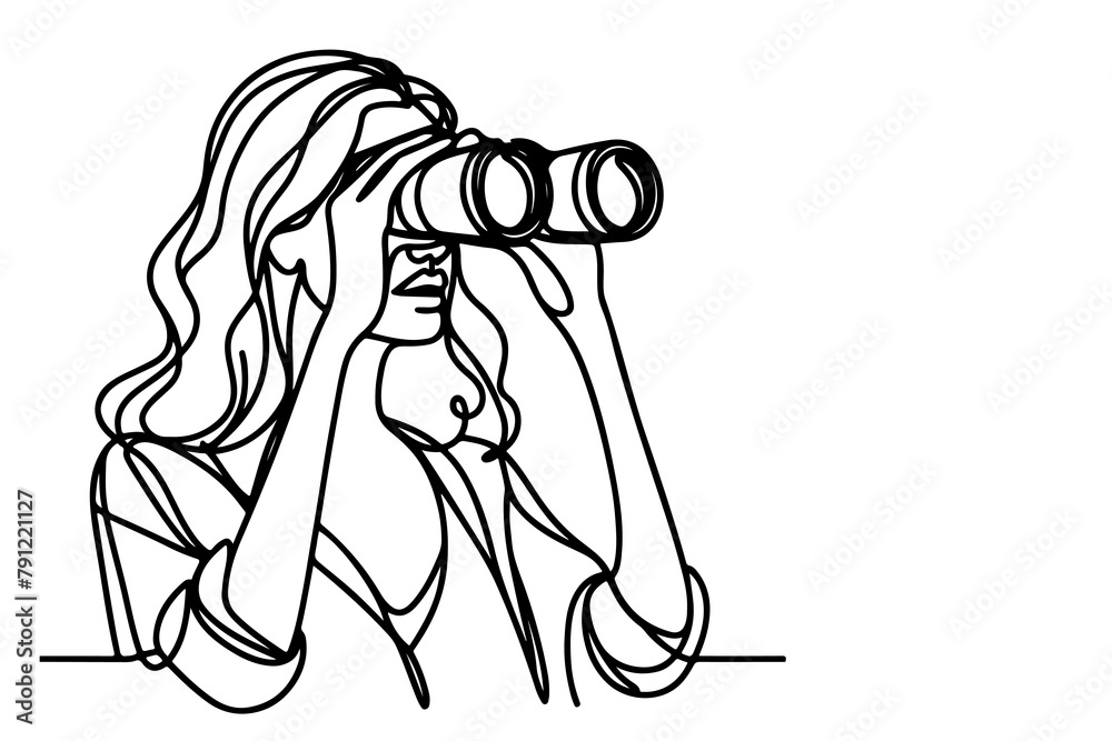 One continuous black line hand drawing of traveler woman standing, holding binocular and looking into distance with binoculars linear sketch doodle on white background vector One continuous black line hand drawing of traveler woman standing, holding binocular and looking into distance with binoculars linear sketch doodle on white background vector