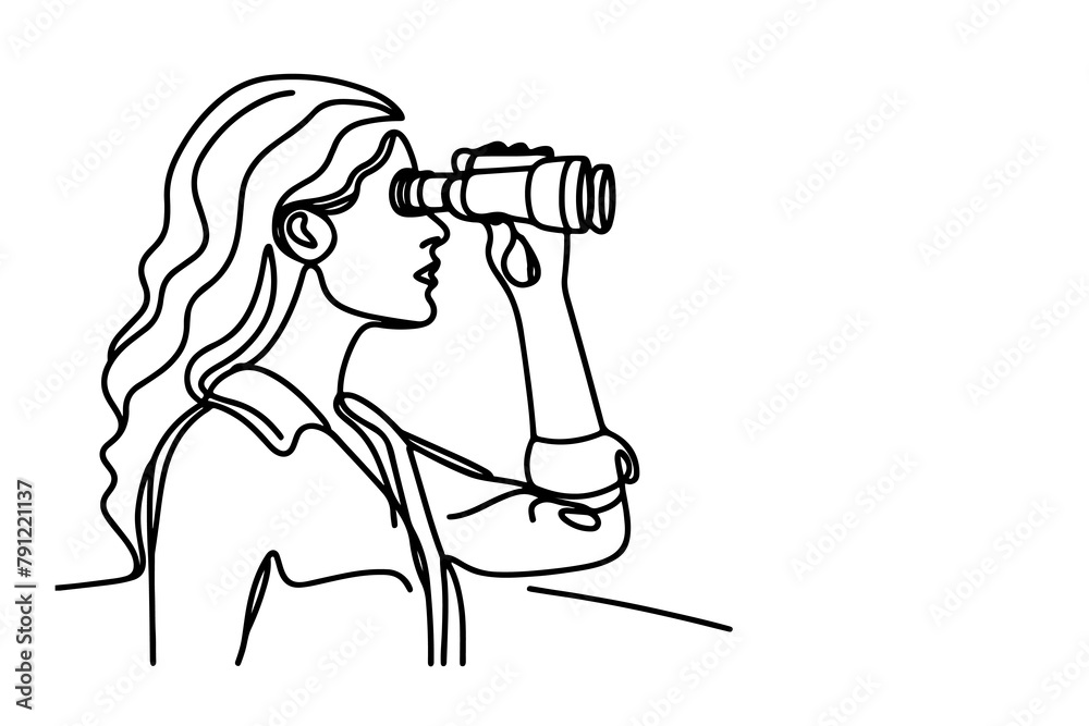 One continuous black line hand drawing of traveler woman standing, holding binocular and looking into distance with binoculars linear sketch doodle on white background vector One continuous black line hand drawing of traveler woman standing, holding binocular and looking into distance with binoculars linear sketch doodle on white background vector