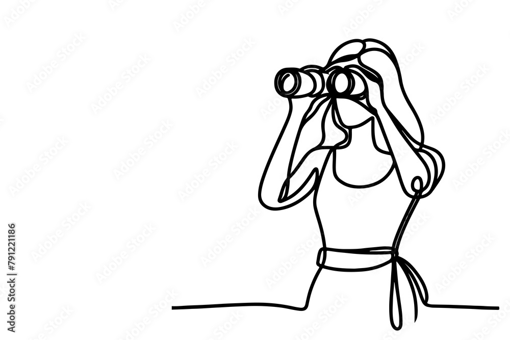 One continuous black line hand drawing of traveler woman standing, holding binocular and looking into distance with binoculars linear sketch doodle on white background vector One continuous black line hand drawing of traveler woman standing, holding binocular and looking into distance with binoculars linear sketch doodle on white background vector