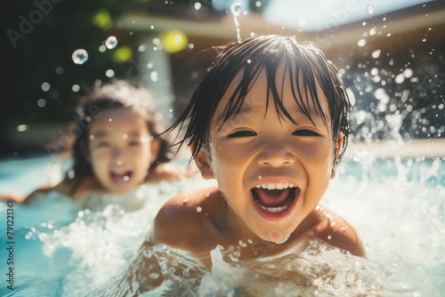 Asian children playing in a splash pool, summertime fun, joyful and carefree moments photo