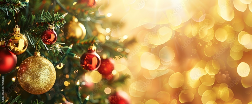 Closeup of a Christmas tree with golden and red ornaments. Generate AI image