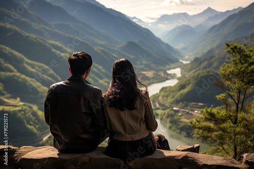Asian couple enjoying a quiet moment on a mountain overlook, nature and relationship, serene view photo