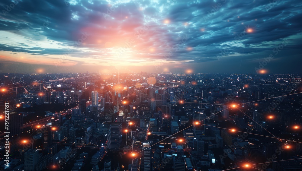 Obraz premium Digital cityscape aerial view with network connection. Generate AI image