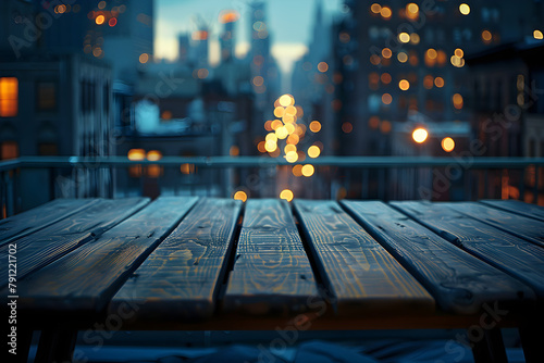 Empty wooden table on a terrace in a nighttime urban setting, perfect for outdoor dining or relaxation