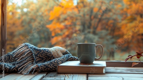 Cozy autumn or winter scene with a coffee mug on top book. Generate AI image photo