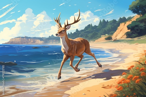 cartoon illustration  a deer is running on the beach