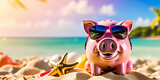 Piggy bank wearing sunglasses chilling at the beach, save money for vacation concept, blur background