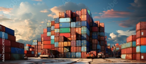 Containers in the port at sunset. Cargo freight transportation, import-export, logistics,