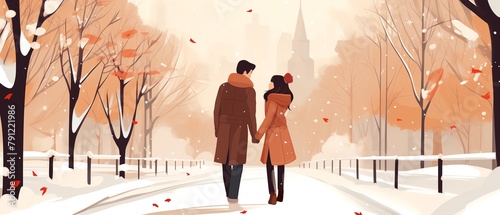 Asian couple walking through a snowy city park, winter clothing, romantic and chilly outdoor walk